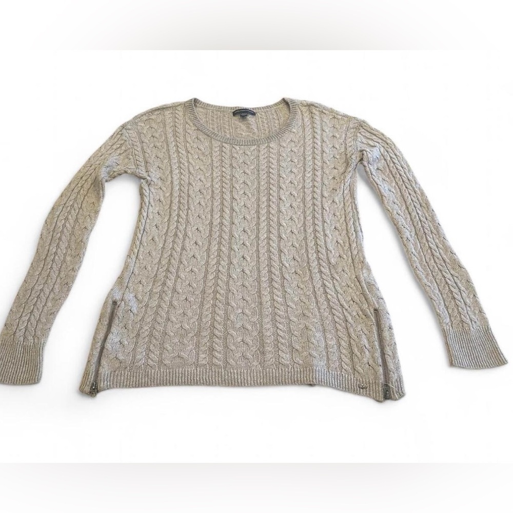 American Eagle Y2K Cable Knit Crew Neck Sweater Womens Size M Tan Zip Sides EUC